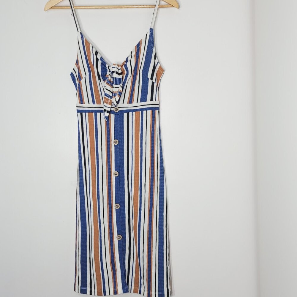 Love Tree Blue & Rust Striped Lightweight Button Up Bodycon Casual Midi Dress